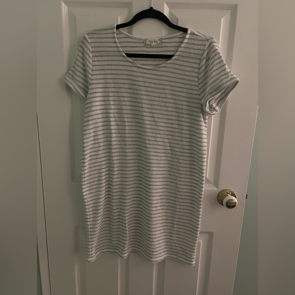 Ladies Grey and White Striped Swimsuit Coverup T-Shirt Dress